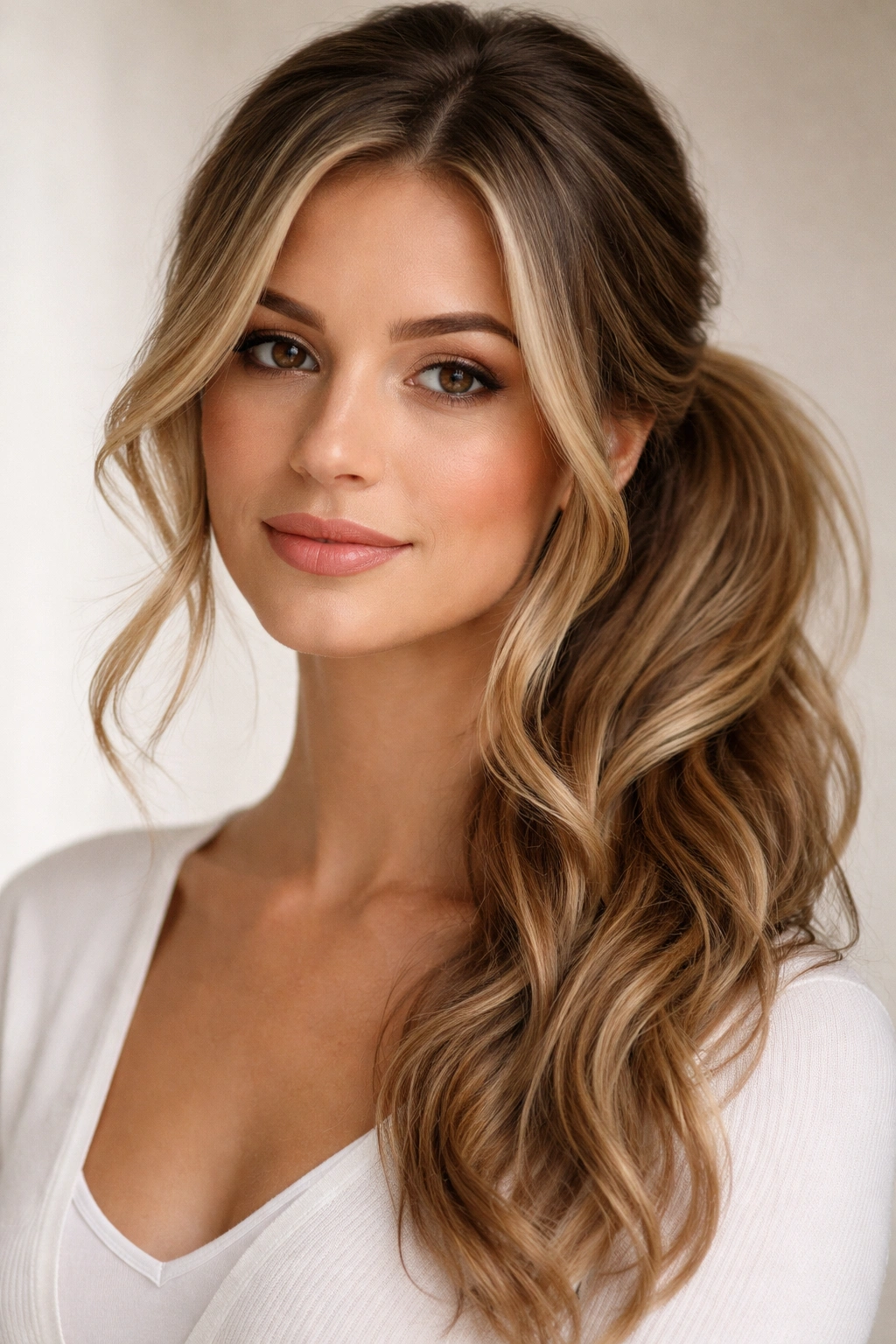 Side pony with front-face framing layers and soft waves