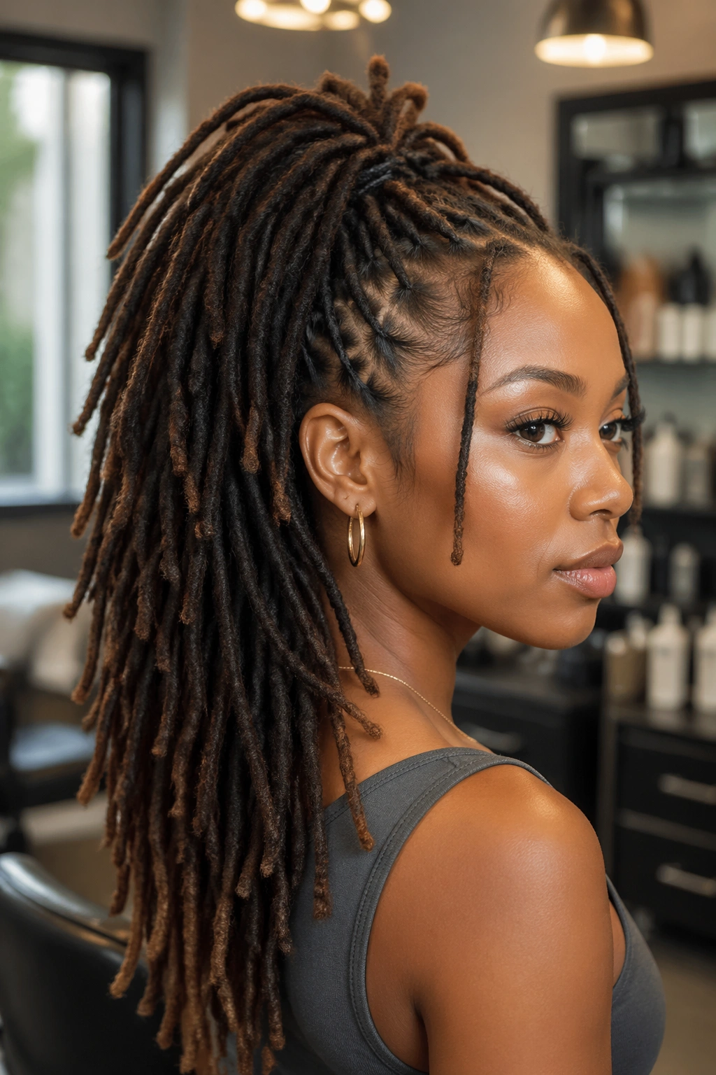 Close-up of real person with layered loc ponytail showing movement and layered ends in a salon setting