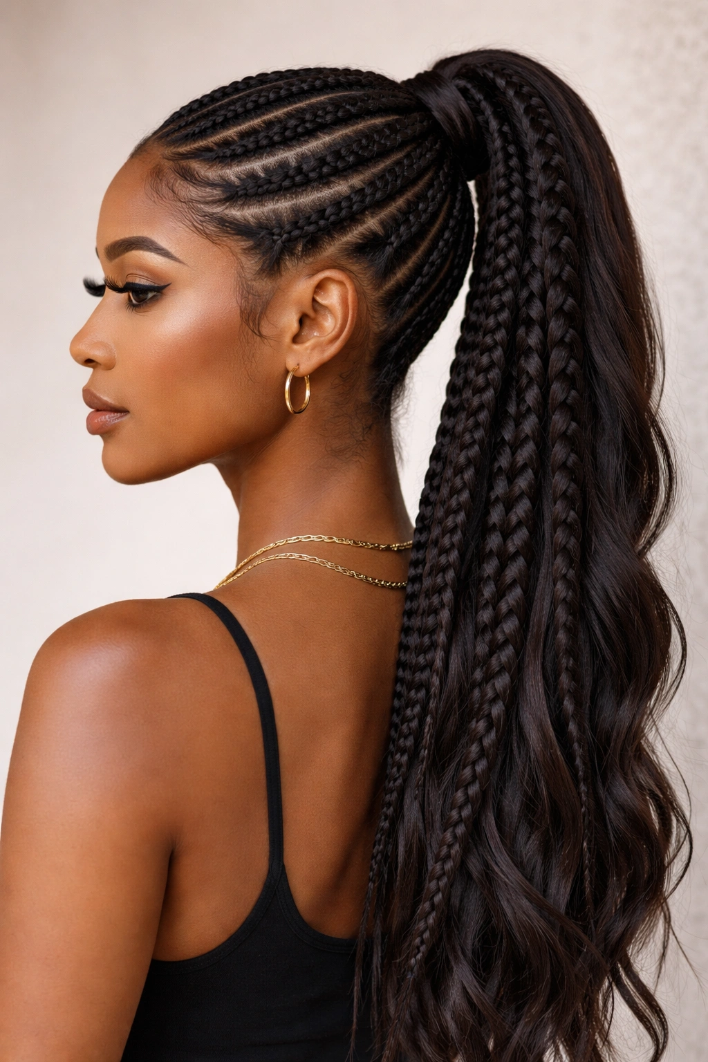 Layered feed-in ponytail showing mixed braid sizes for depth