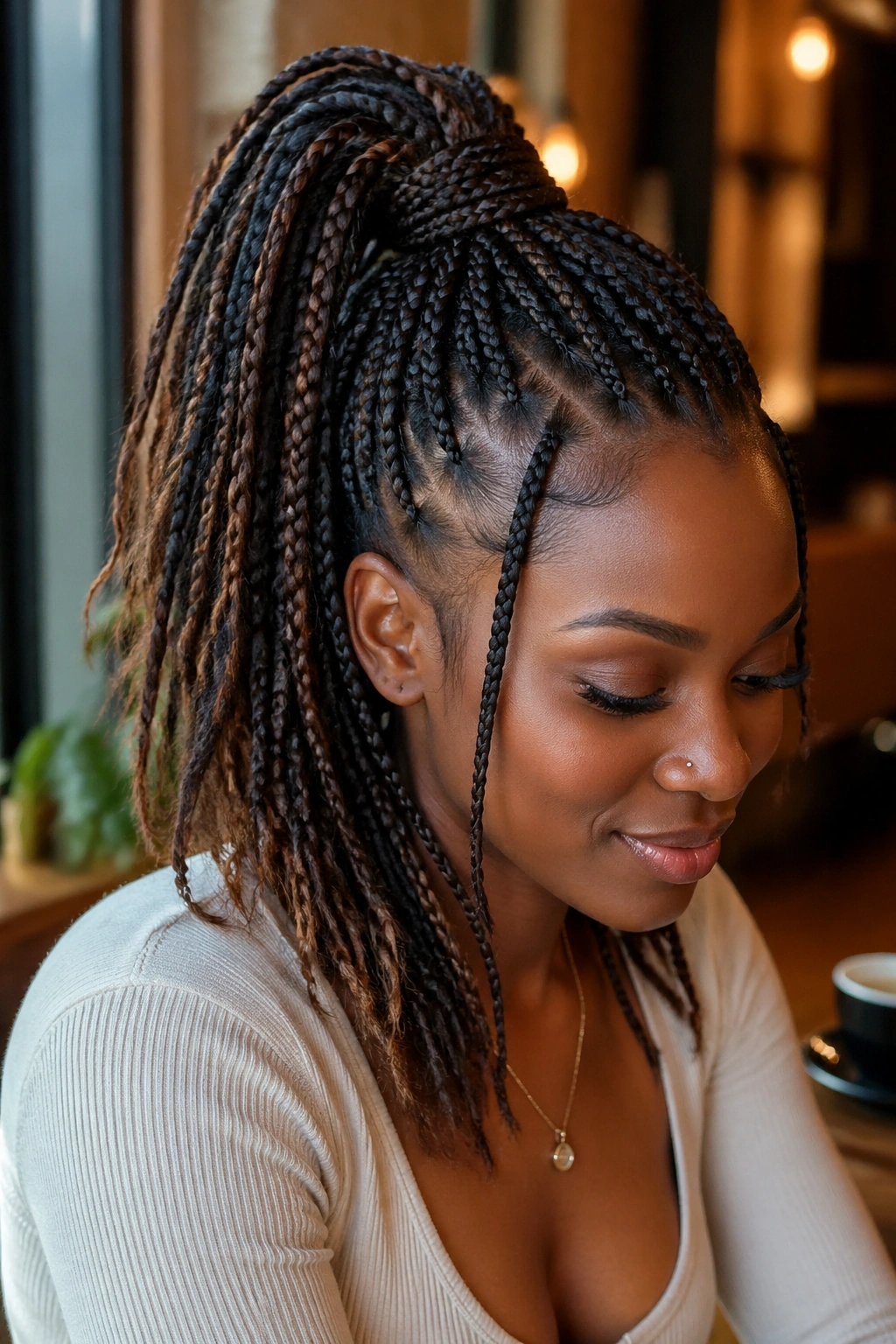 Real person with layered ponytail showing mixed-length braids in a close-up portrait.