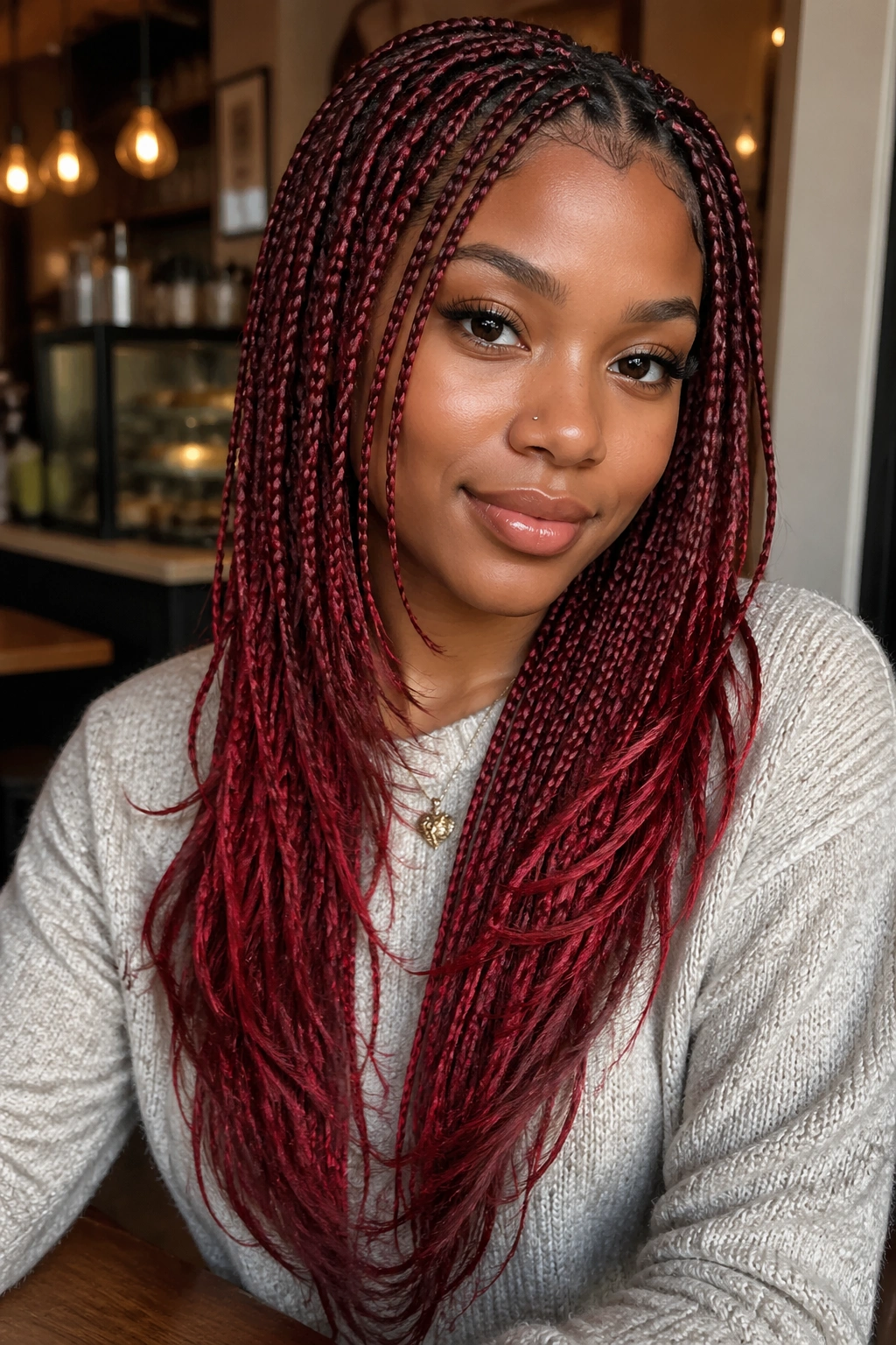 Real woman with layered red braids and feathered ends close-up