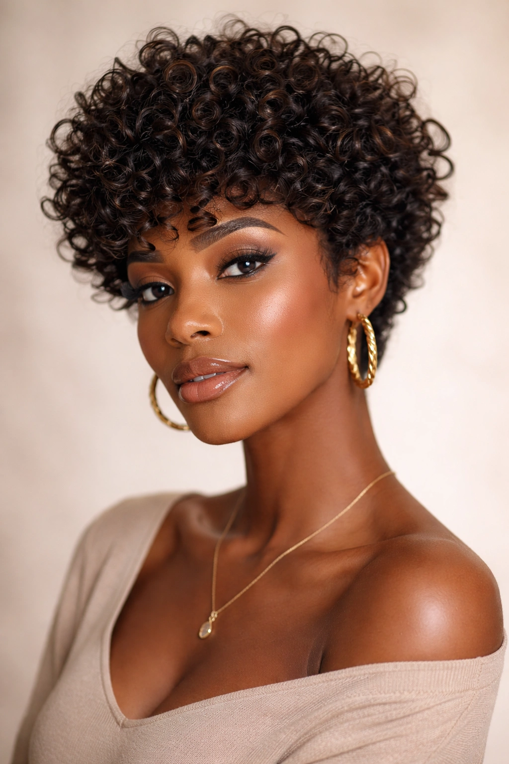 Close-up of The Layered Ringlet Pixie wig with voluminous top curls on a neutral studio background
