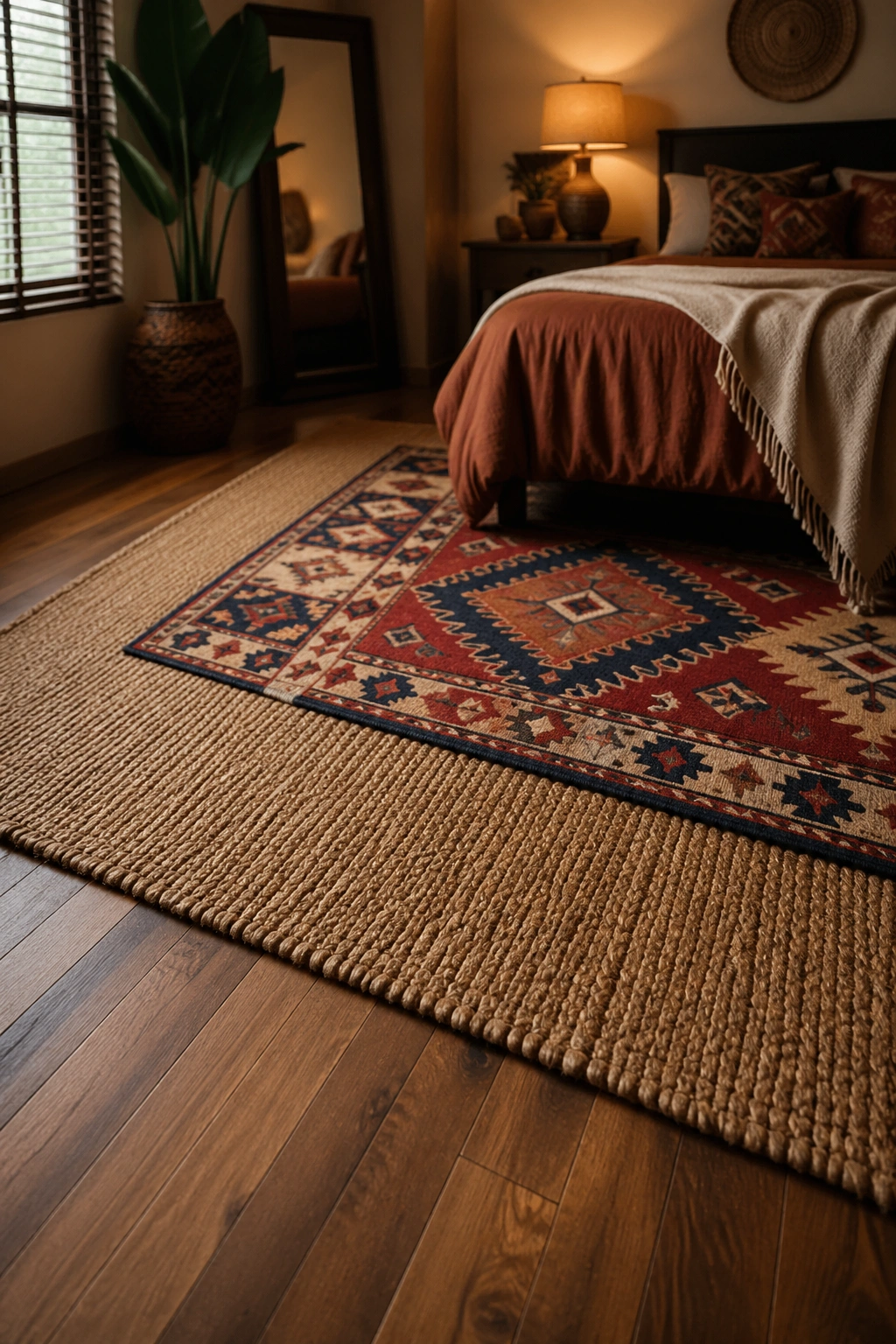 Layered natural fiber rug under printed top rug on a bedroom floor