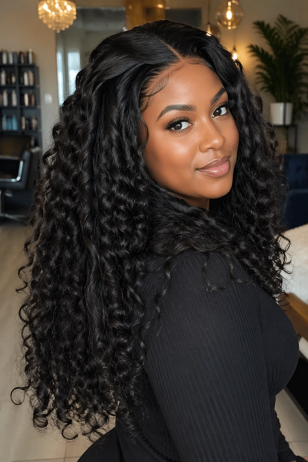 Close-up of a Black woman with layered sew-in curls showing movement
