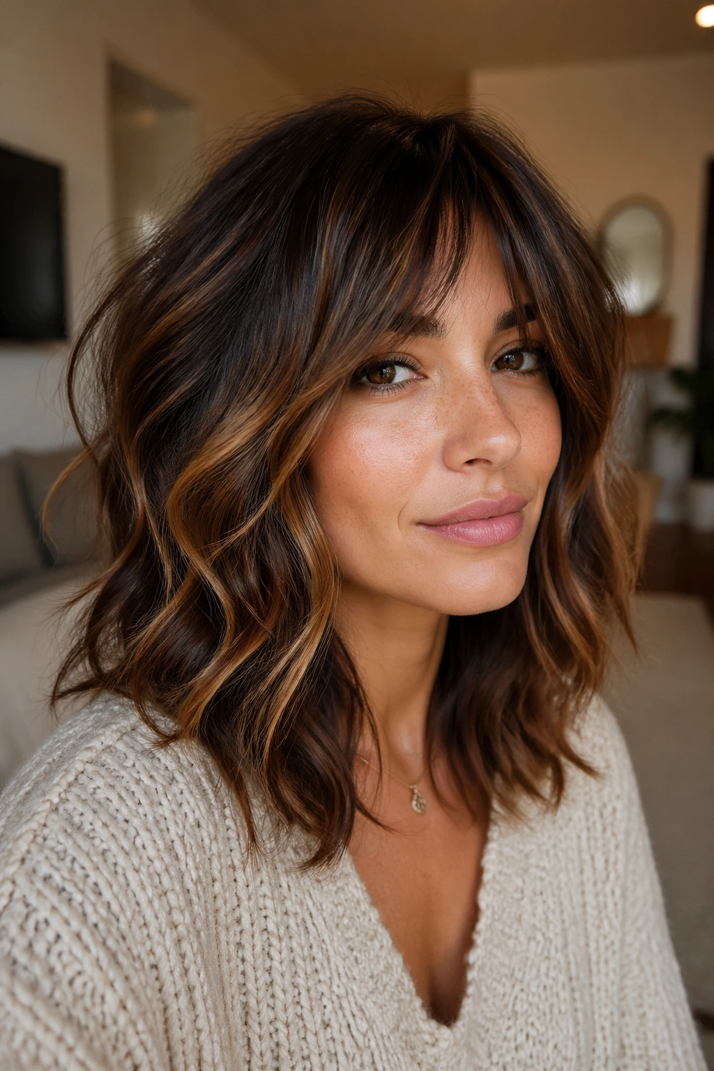 Portrait of a woman with layered shag and caramel pieces highlighting texture.