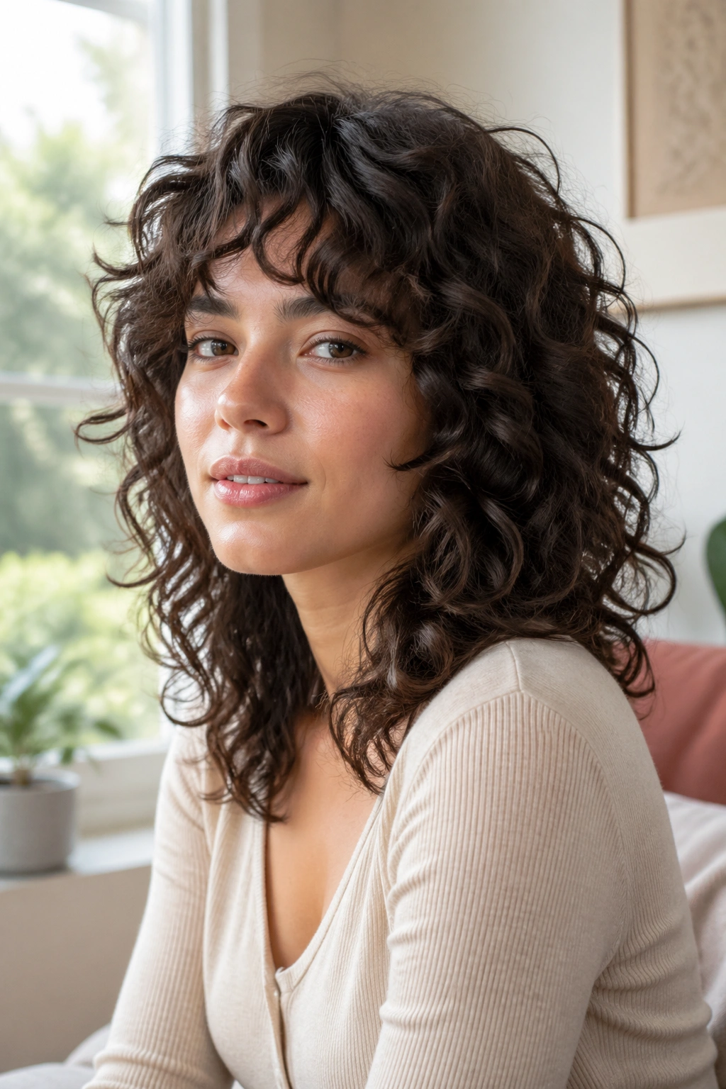 Medium close-up of a real woman with layered shag curls.