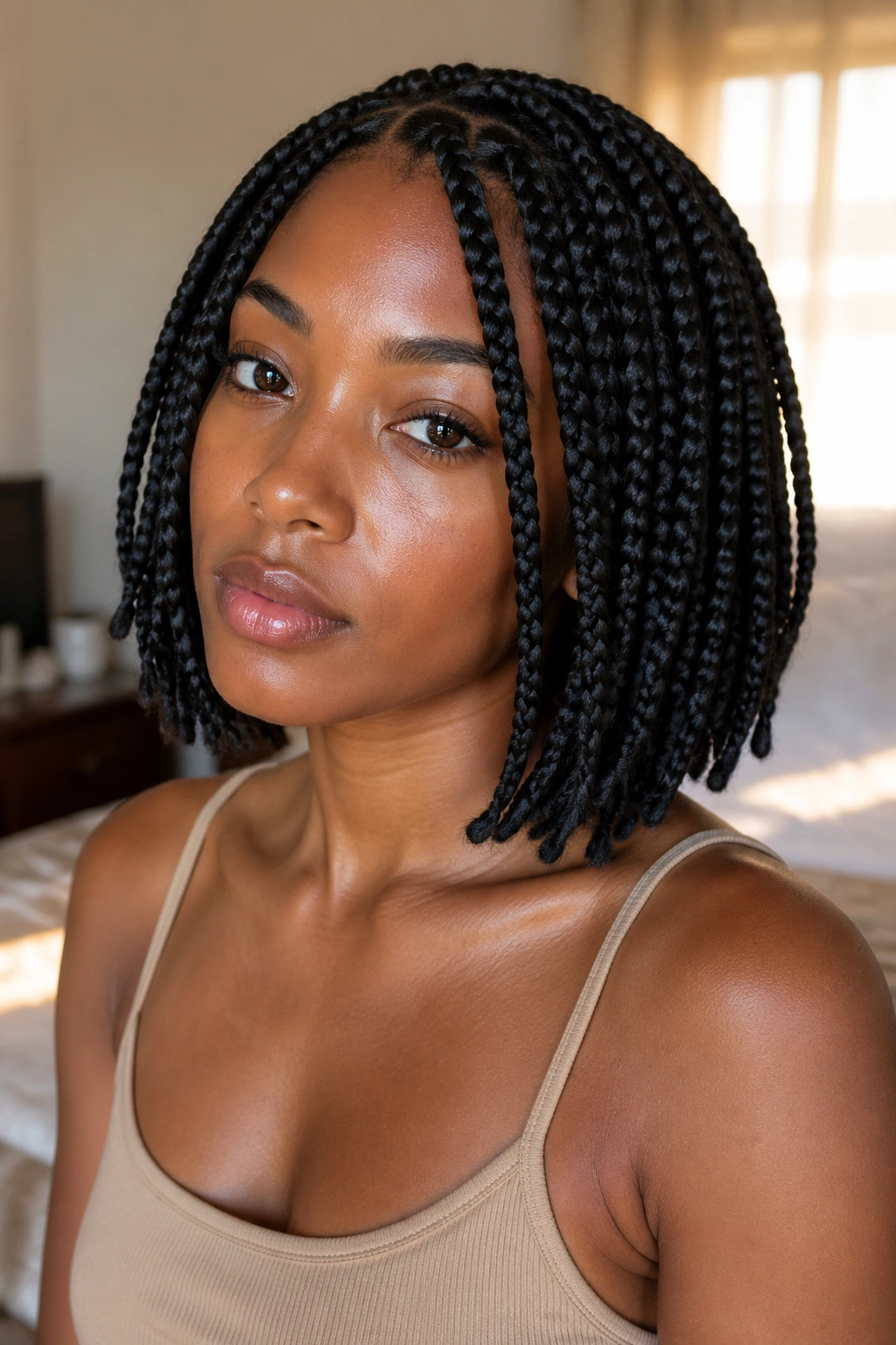 Close-up of layered short box braids on a real person in a bedroom