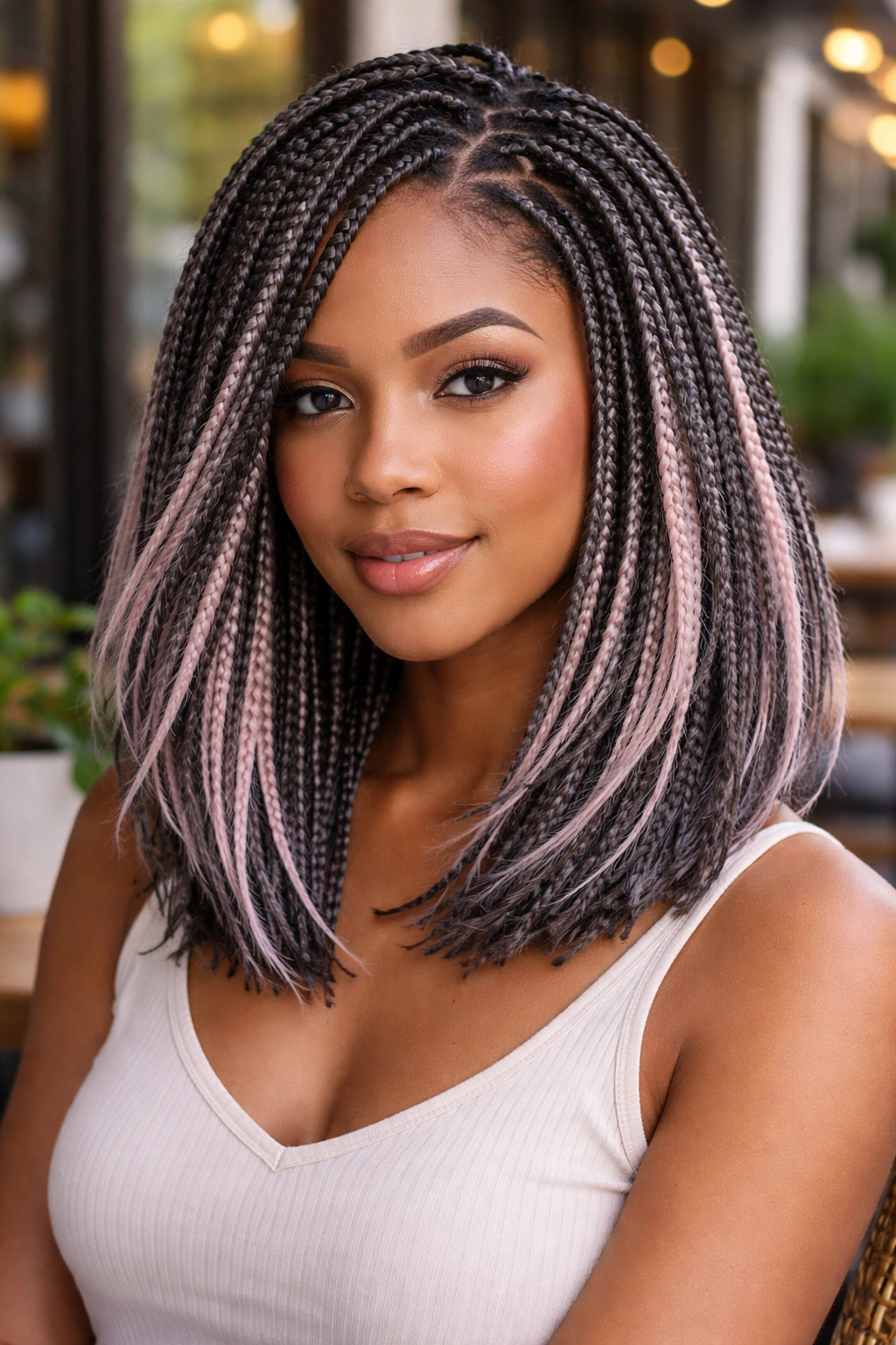 Real woman with layered shoulder-length braids in smoky grey and blush pink.