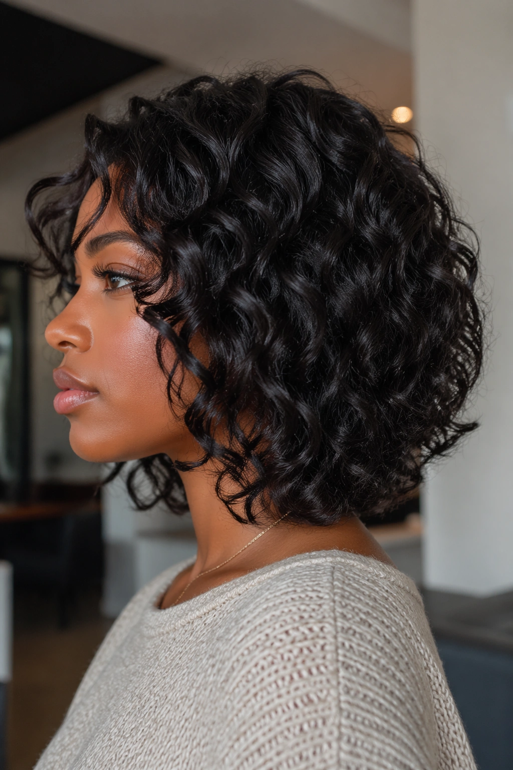 Layered shoulder-skimming curly bob showing defined layers and balanced volume.