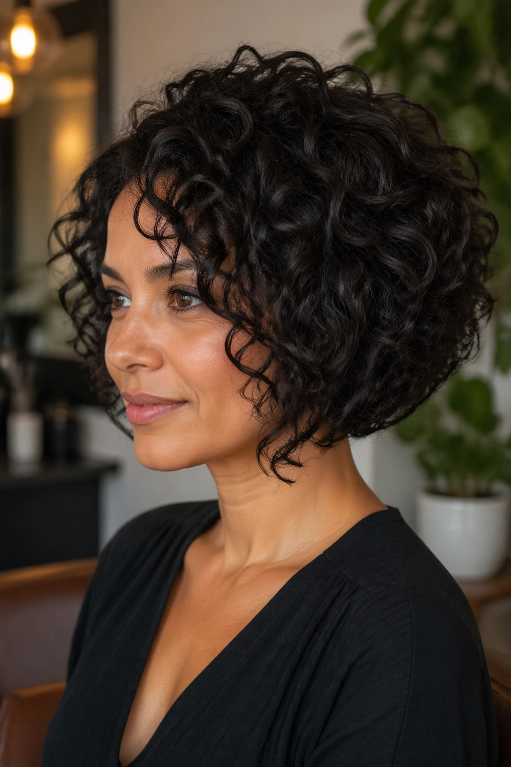Portrait of real woman with layered stacked bob on thick curls