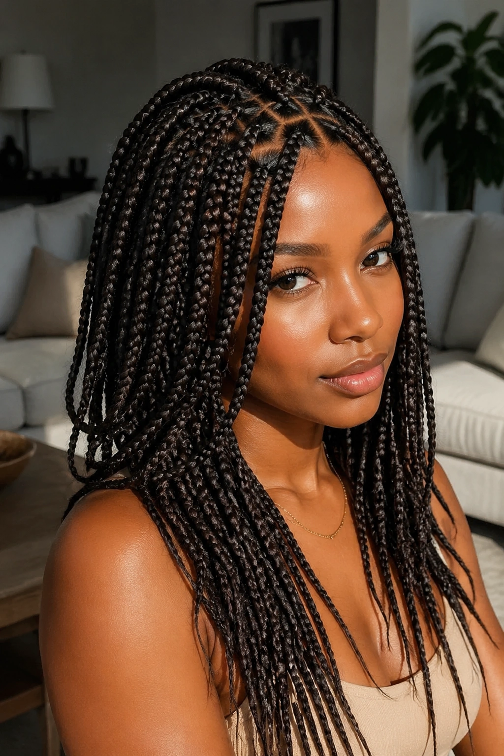 Close-up of a real woman with layered triangle-part box braids