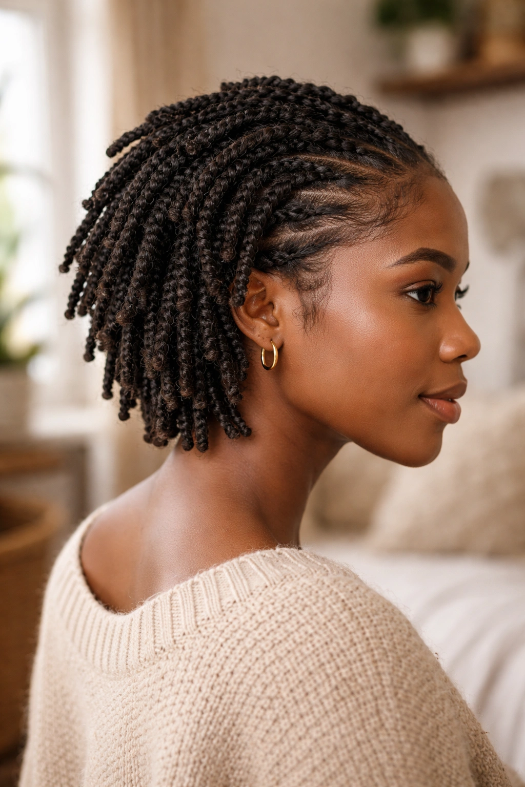 Close-up of layered twists on short natural hair in warm window light