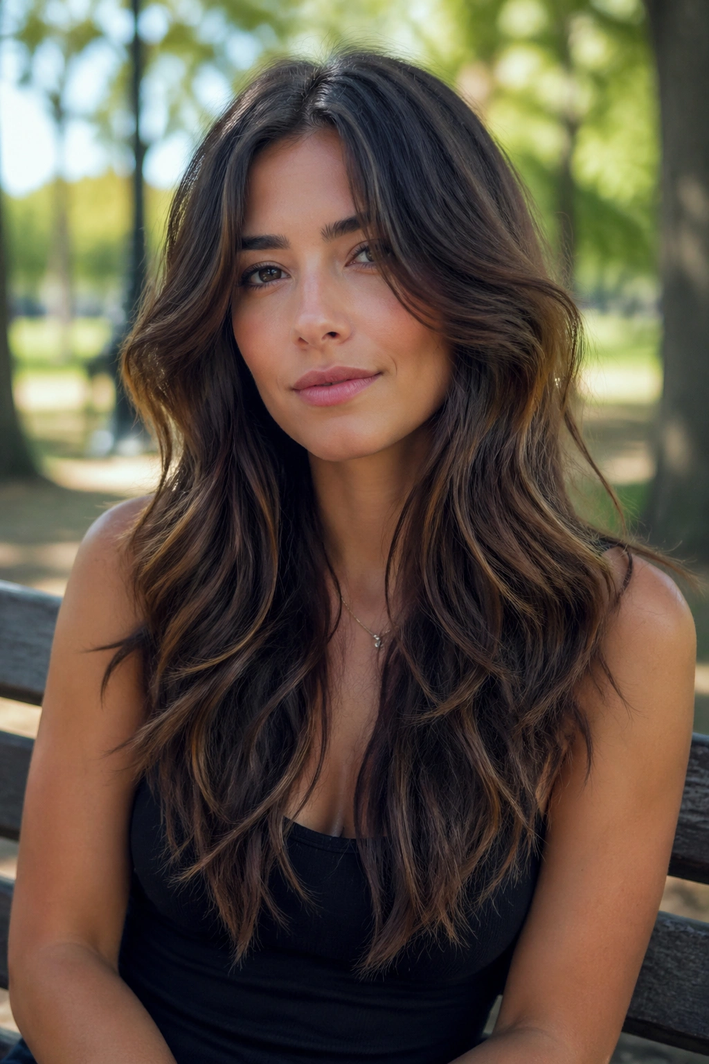 Close-up of a real woman with layered V-cut waves in daylight