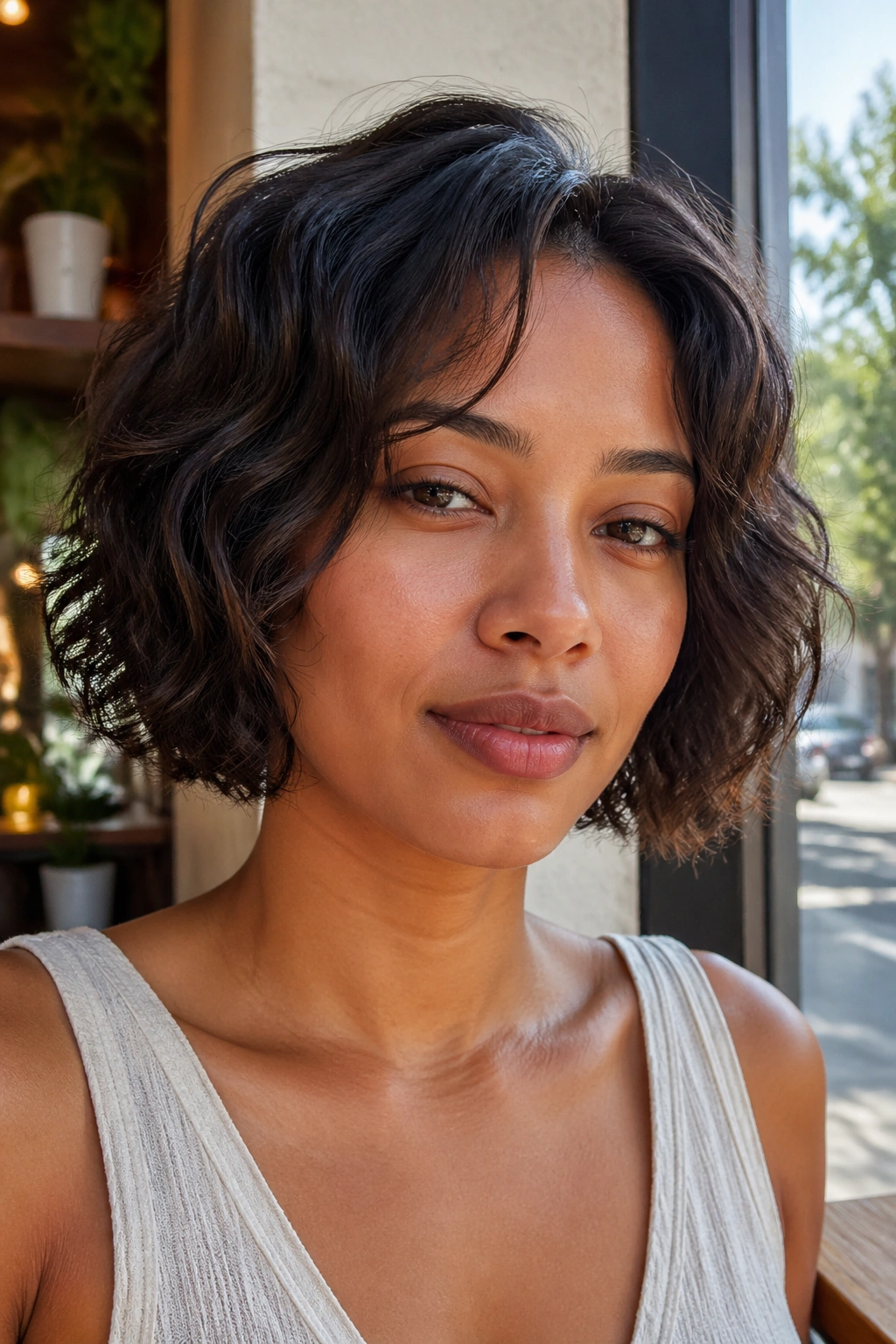 Close-up of a real woman with a layered wavy bob at jaw length in cafe light