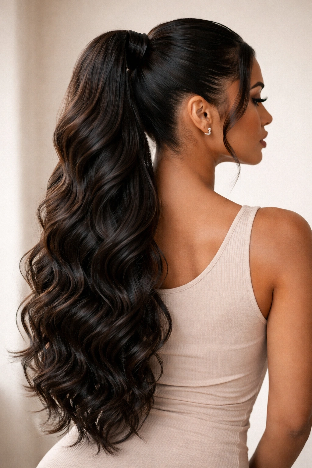 Layered weave ponytail with mixed waves showing depth and movement