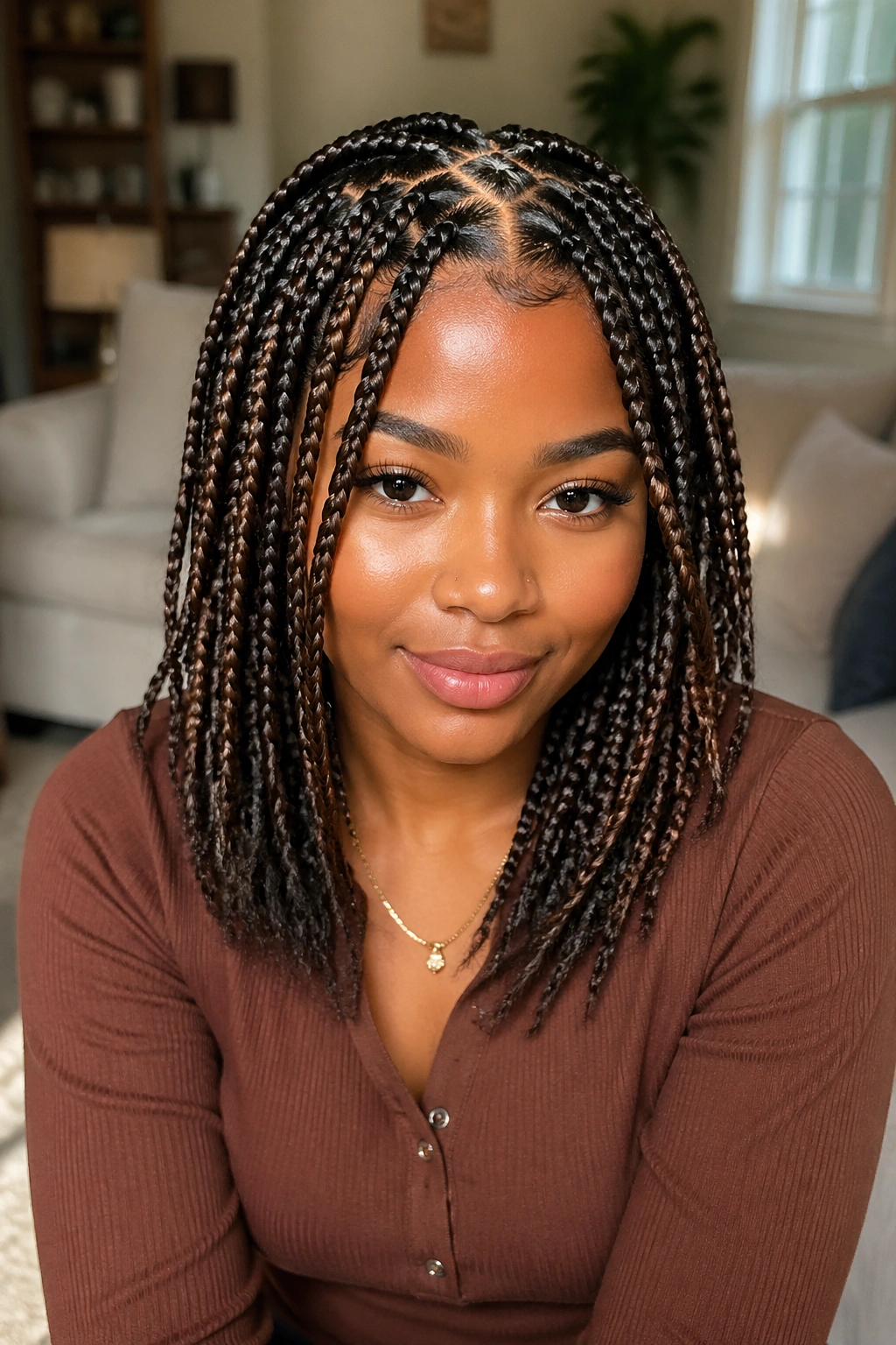 Real person wearing layered zigzag box braids with face-framing pieces