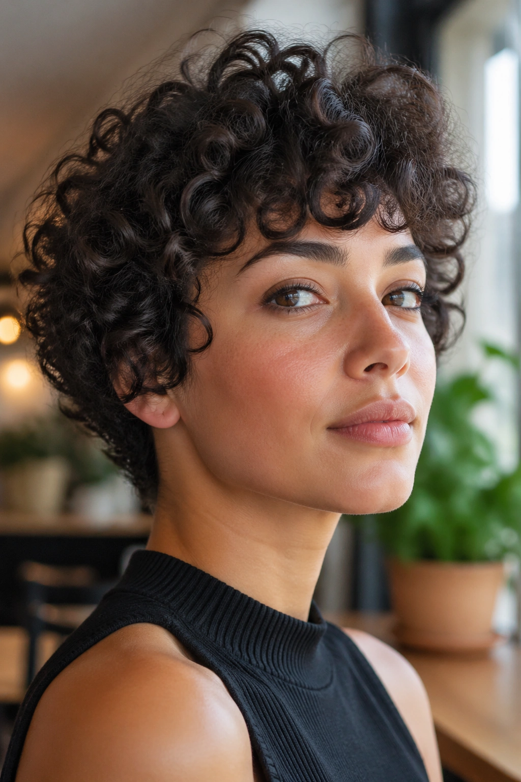 Close-up of a person with layered short curls showing varied lengths