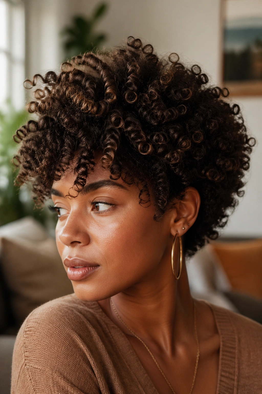Close-up of a real woman with layered short curly hair in a warm living room