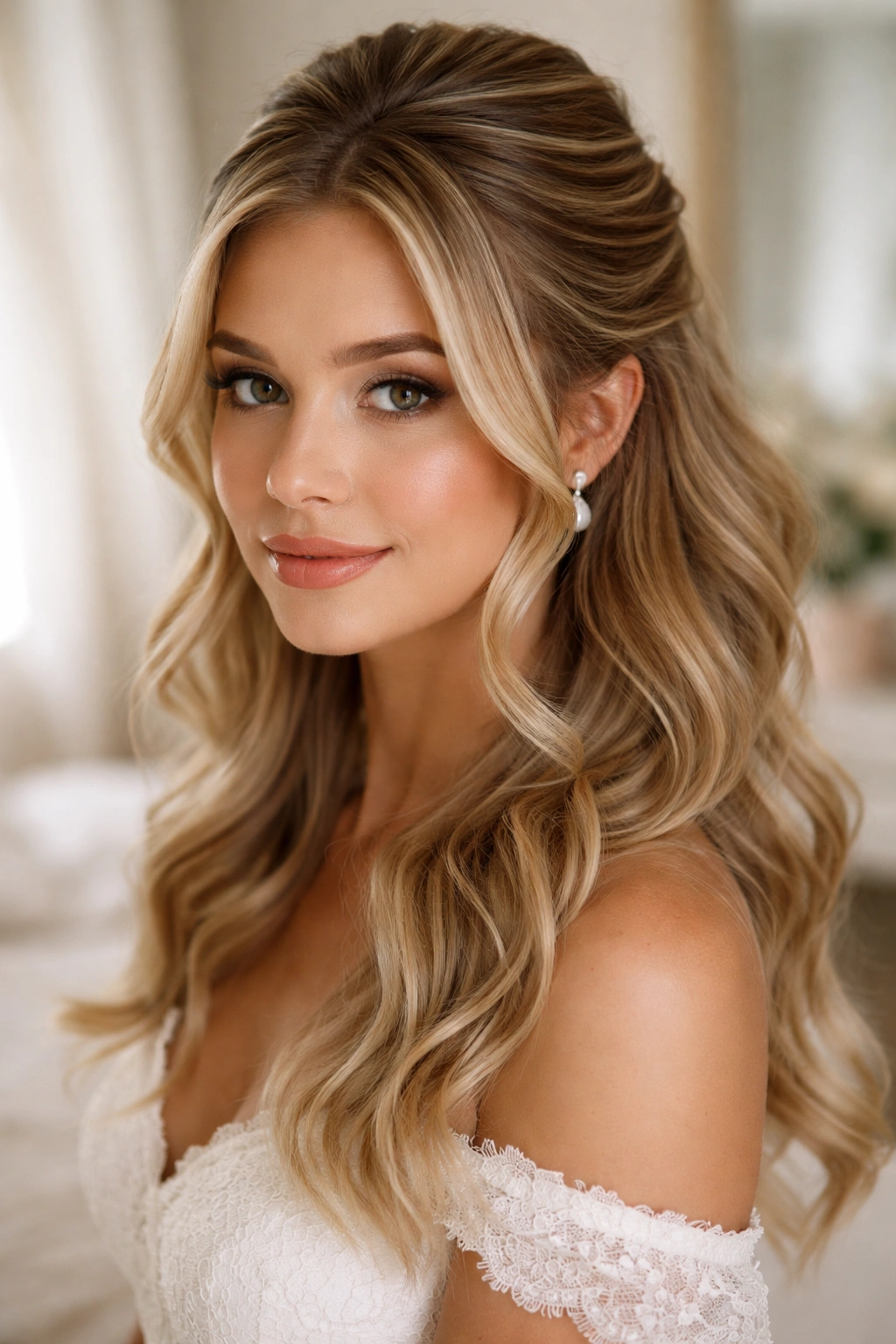 Close-up of a real woman with layered wavy hair in a face-framing half-up