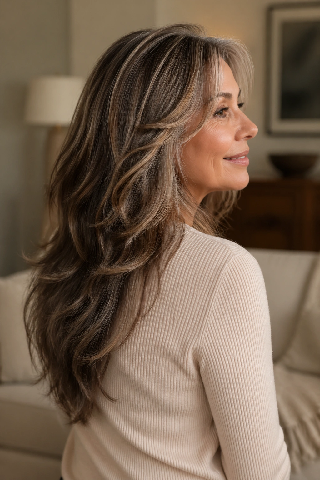 Medium close-up showing back-length hair with soft layering along the sides.