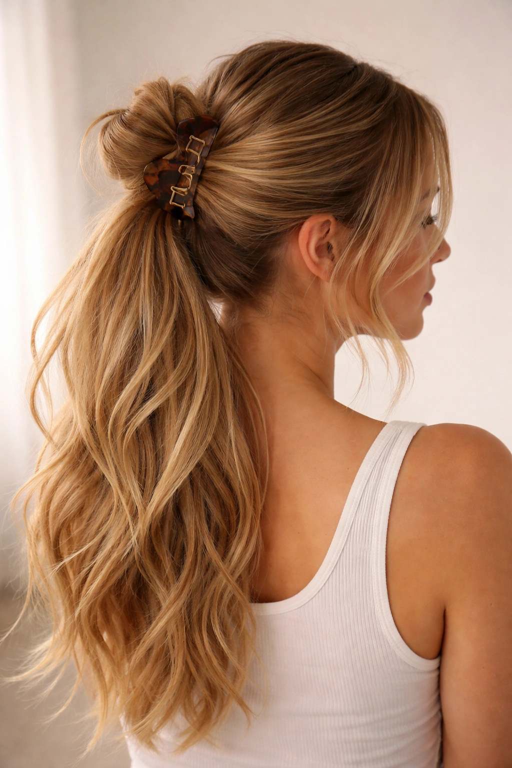 High pony with half bun on top and long ponytail beneath, secured by a medium claw clip