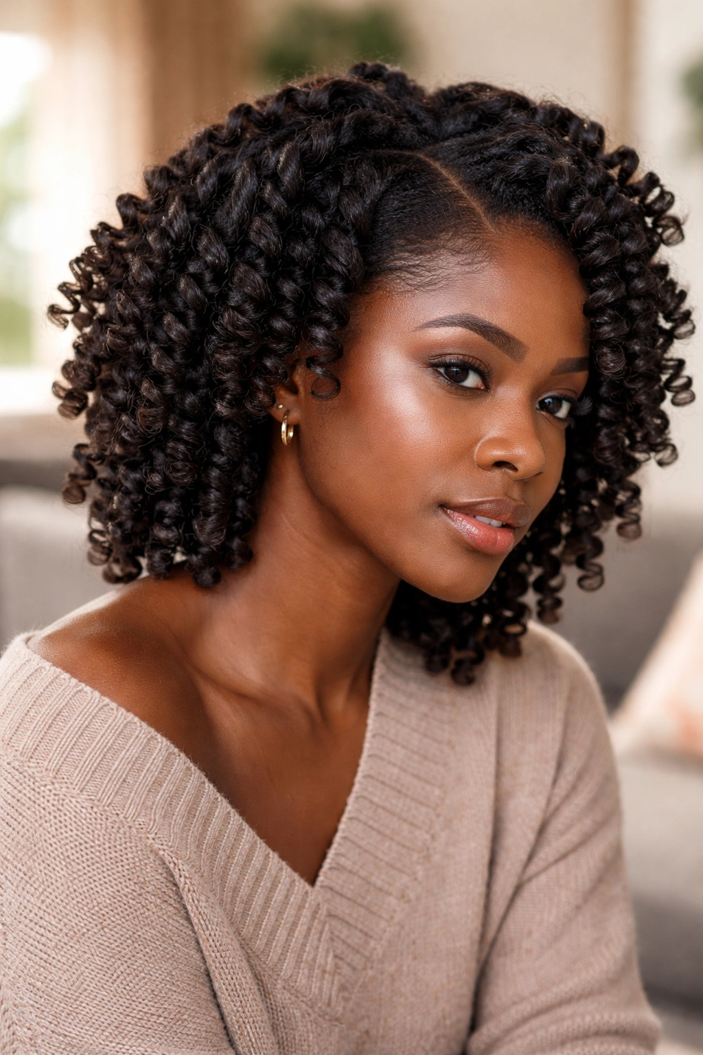 Portrait of a real woman learning wand curling technique on 4C hair.