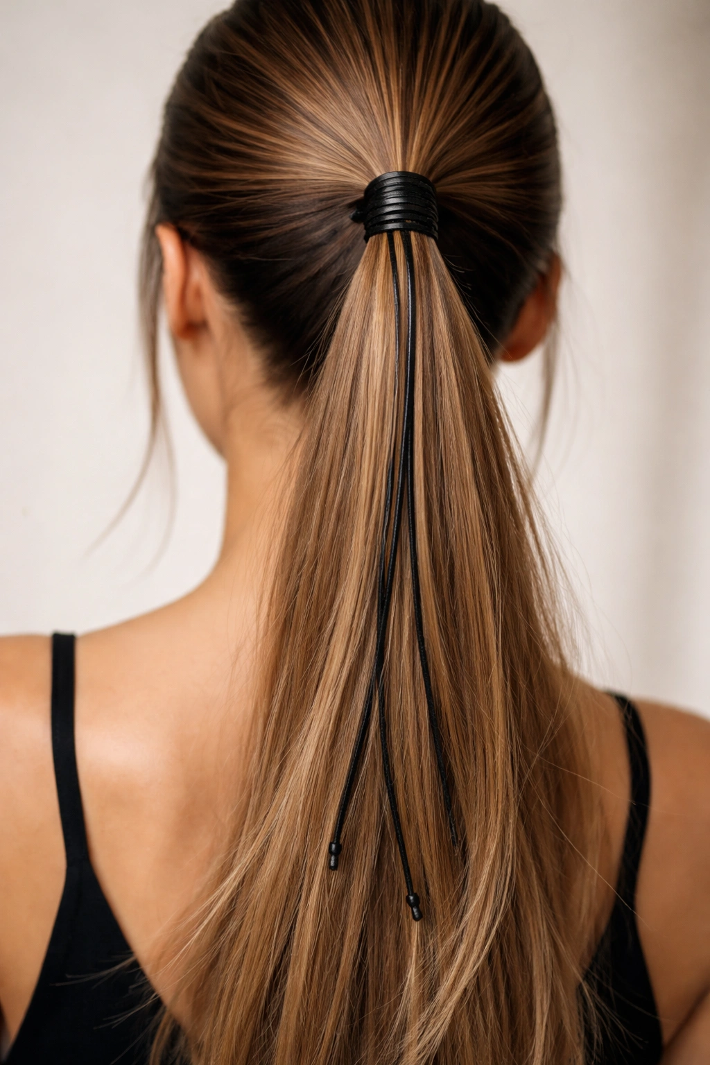 Close-up of a ponytail wrapped with a thin leather cord, ends dangling against straight hair.