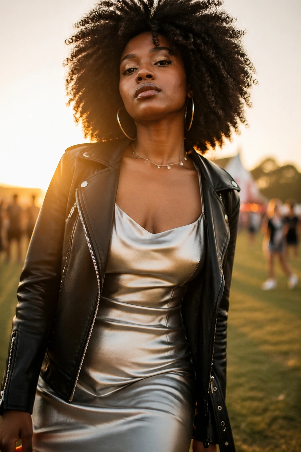 Medium close-up of a person in a slip dress with a leather jacket and an Afro hairstyle at a festival