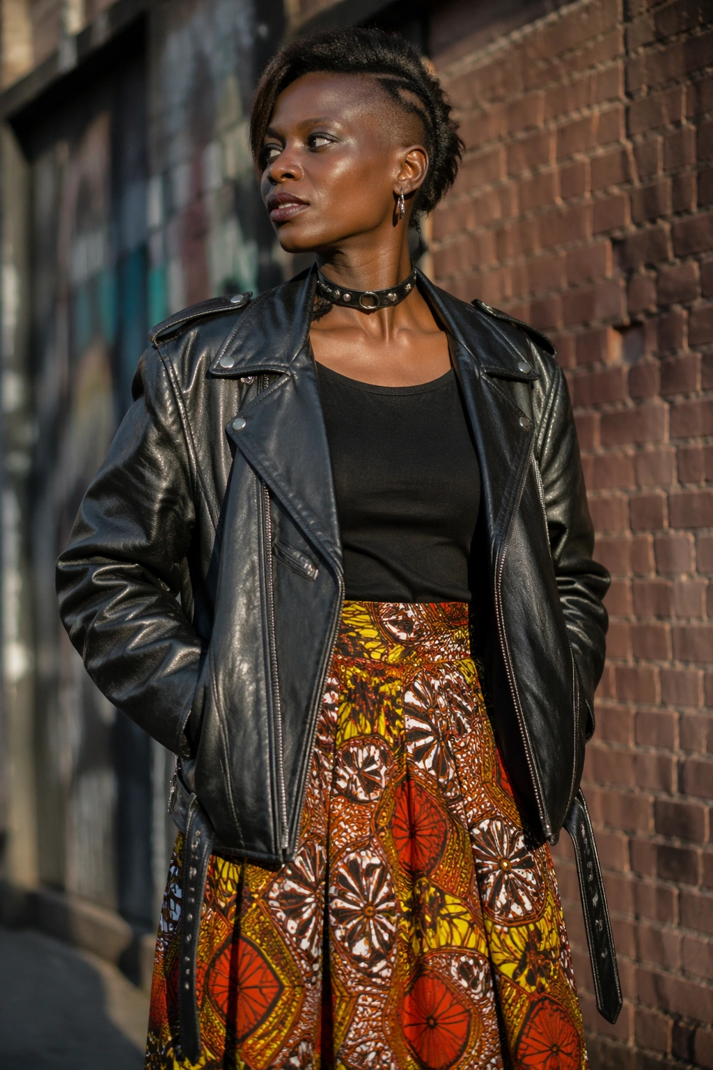 Real person wearing leather jacket and African print skirt outdoors