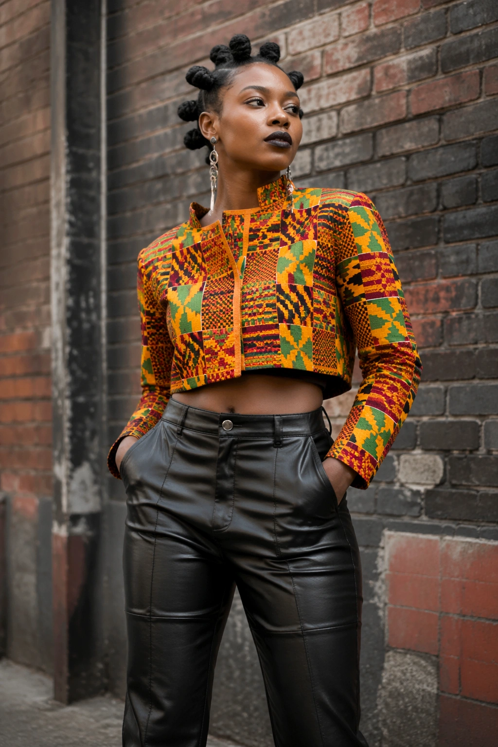 Person in black leather trousers and cropped Kente jacket outdoors.