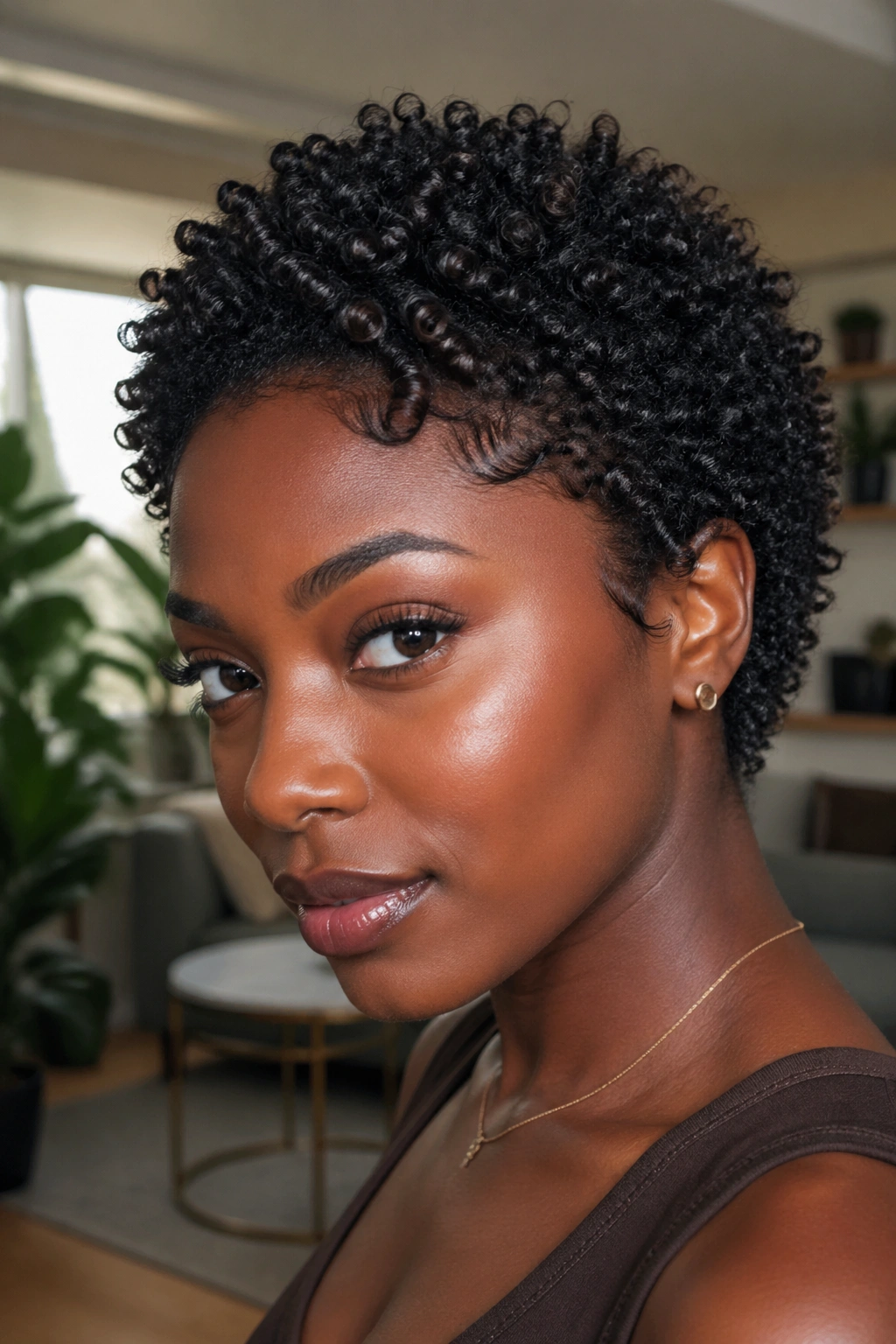 Close-up of a real person with defined curls and glossy hair from simple products.
