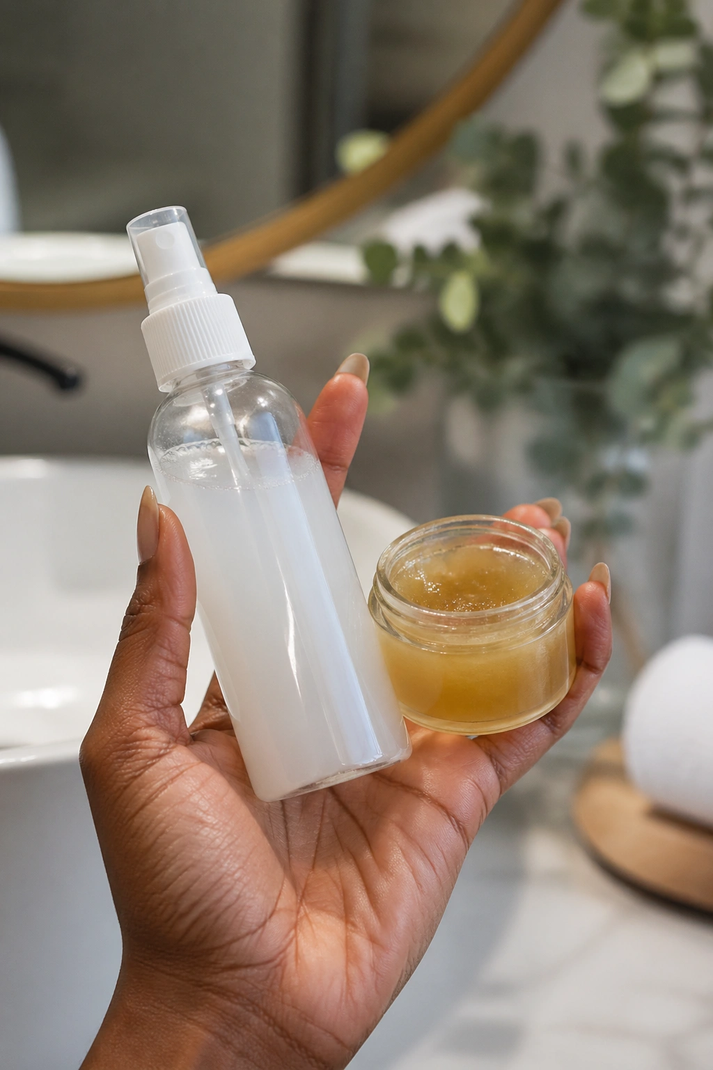 Hands holding fast-acting leave-in spray and edge gel in a bathroom