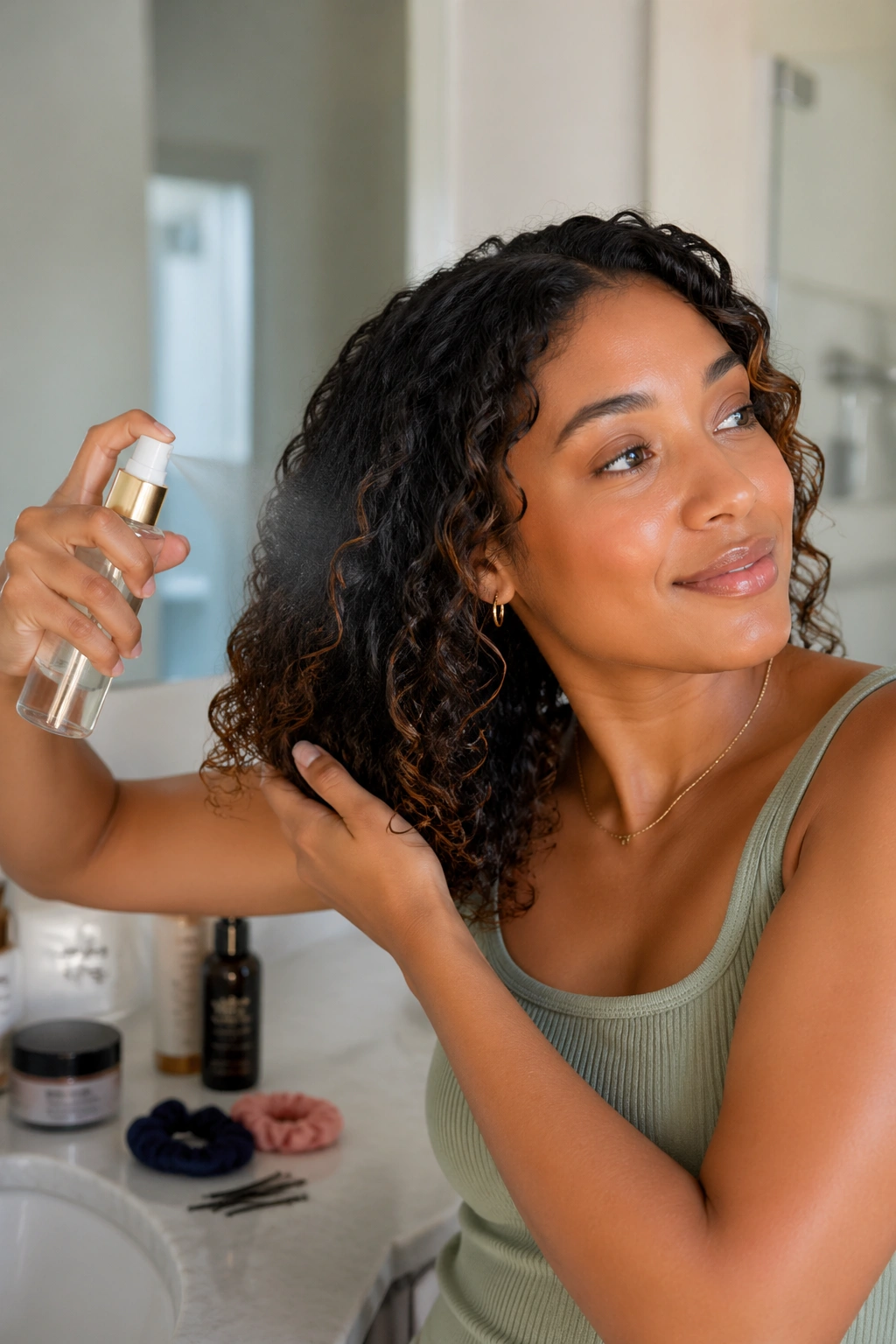 Close-up of a real person misting curls with a spray bottle in a bright bathroom