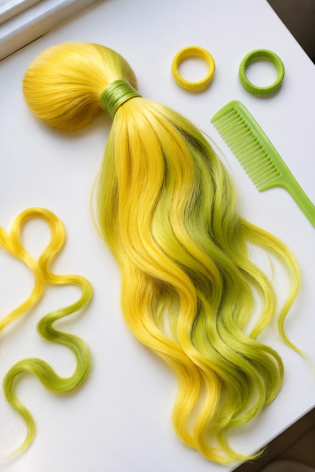 Overhead flat-lay of lemon-lime side ponytail with tools.