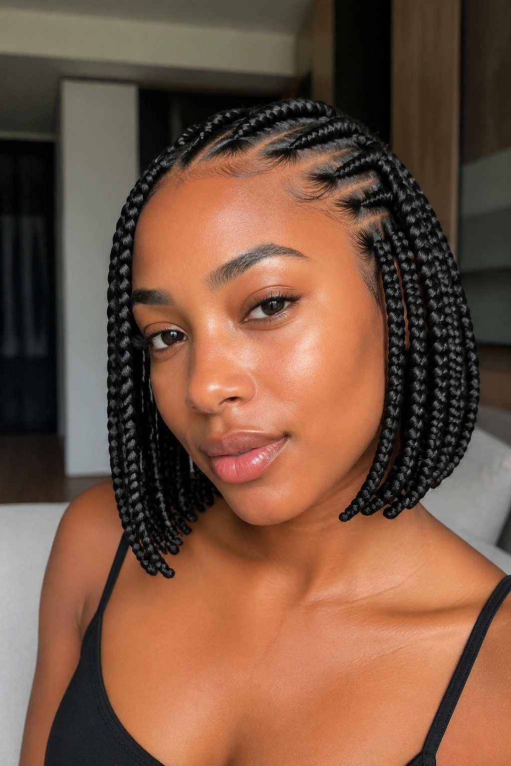 Portrait of real person wearing a lemonade box braid bob, jaw-length and face-framing.