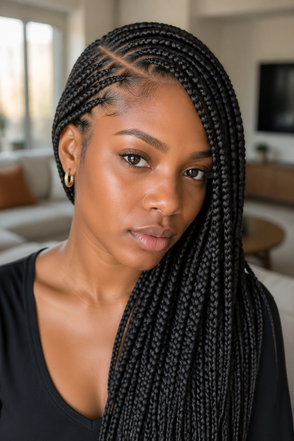 Close-up portrait of a real woman with classic side-swept lemonade box braids in a cozy living room.