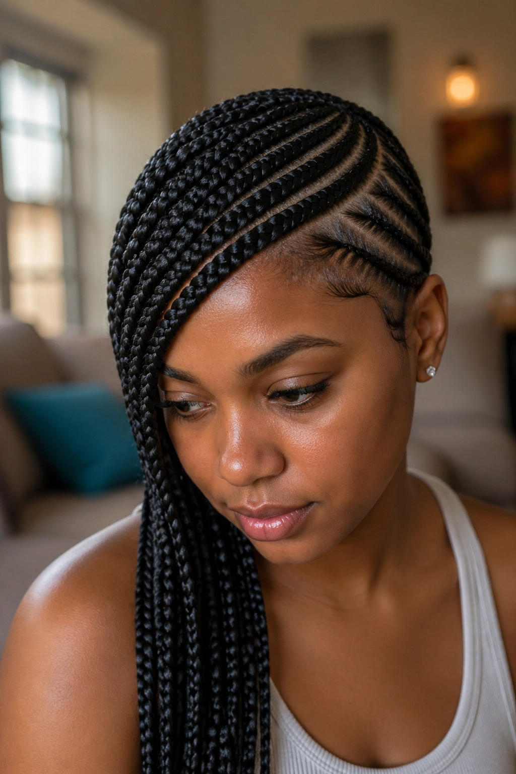 Close-up of a real person wearing side-swept lemonade braids in a warm living room