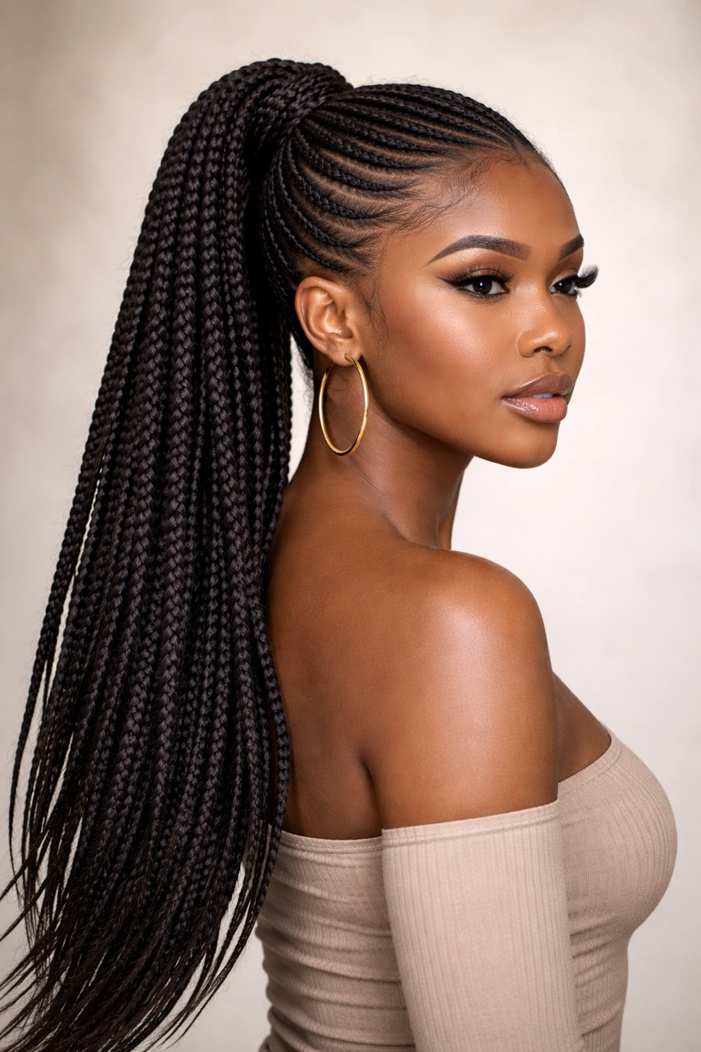 Side-view of long side-swept lemonade braids into a dramatic ponytail