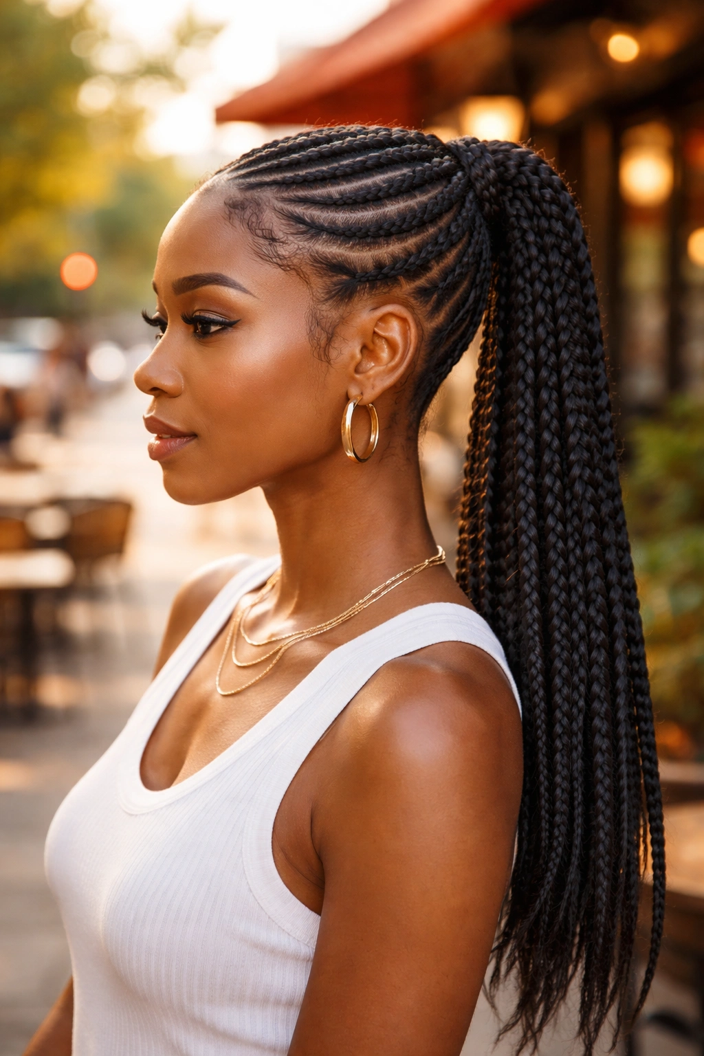 Side-profile of a real woman with lemonade braided ponytail