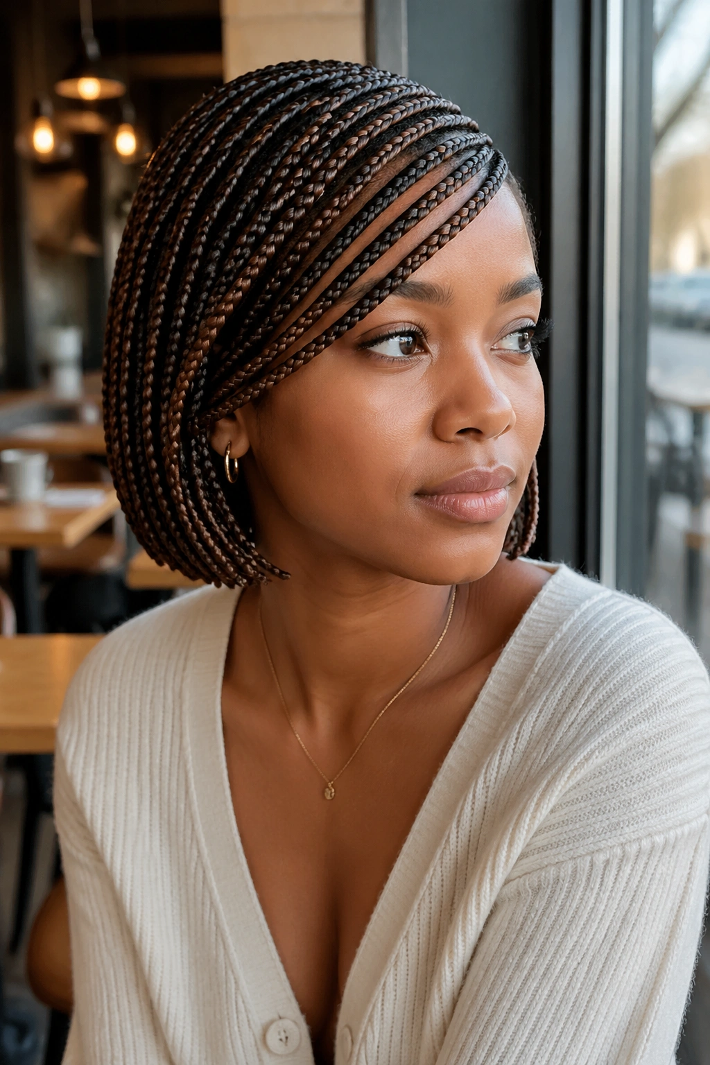 Close-up portrait of a real woman with Short Bob-Length Lemonade braids