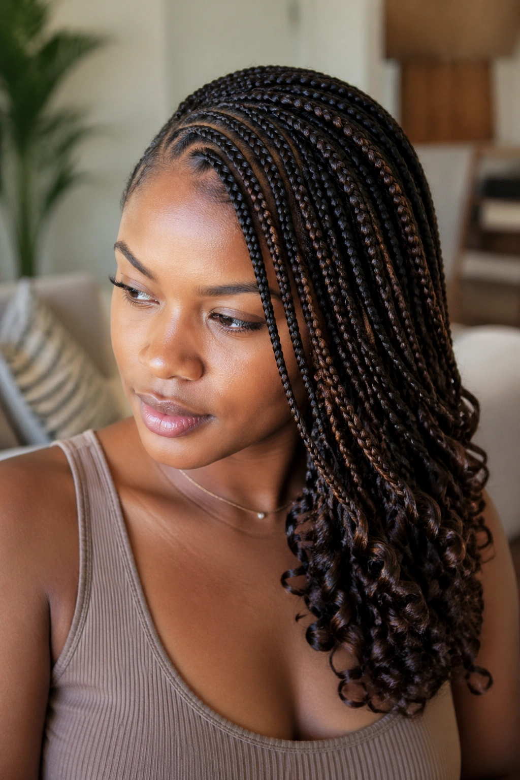 Close-up portrait of a real woman with lemonade box braids featuring curled ends in warm window light