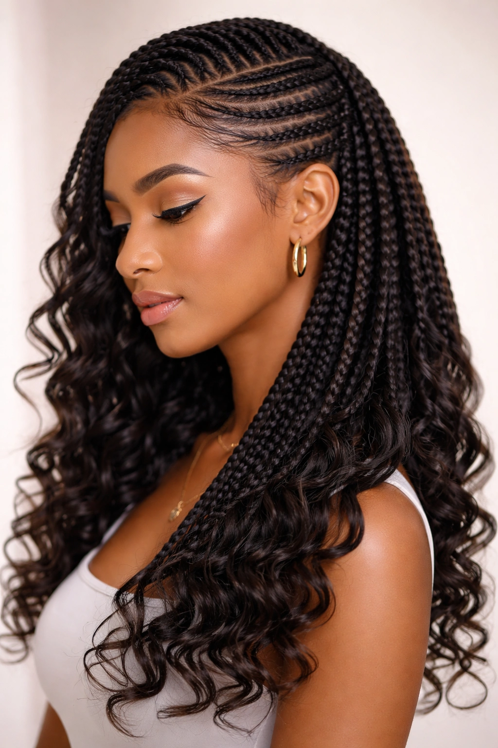 Side view of lemonade braids with curled tips over the shoulder