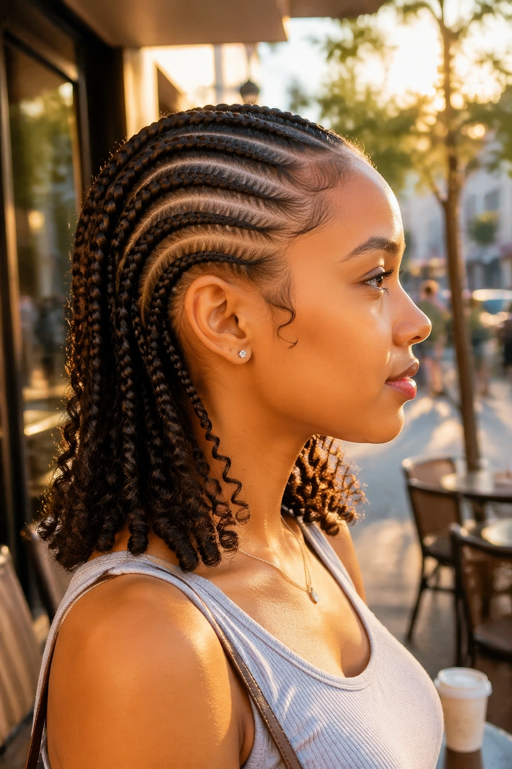 Lemonade braids with curly tails in side-profile outdoors.