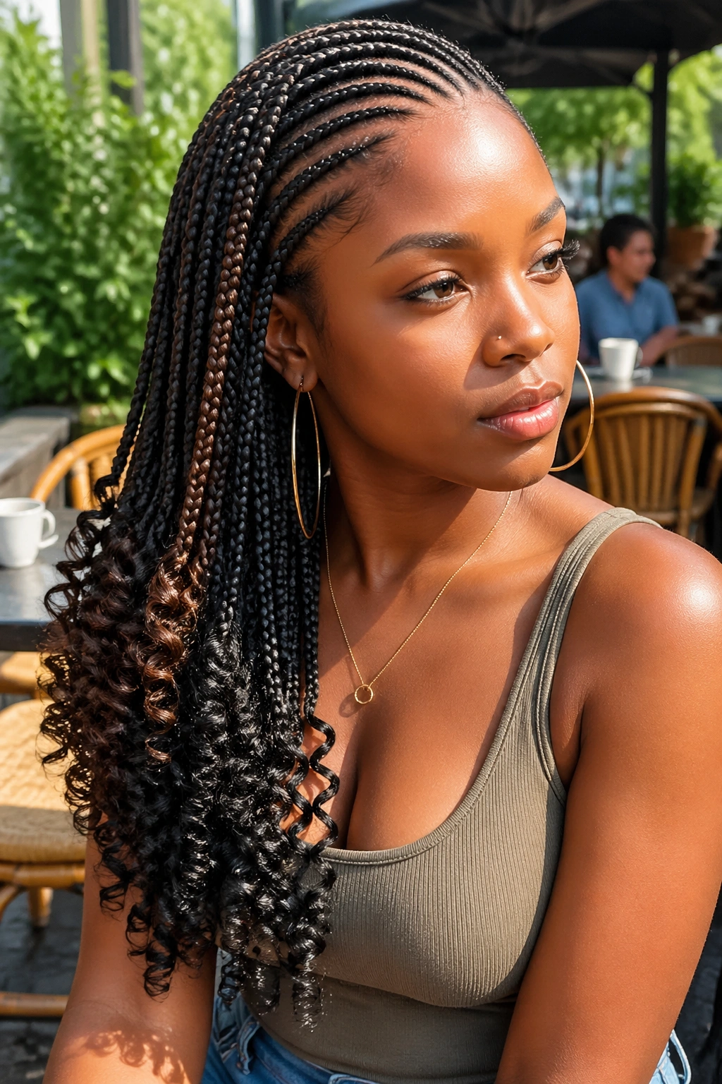 Side-swept lemonade braids with curly ends in natural light