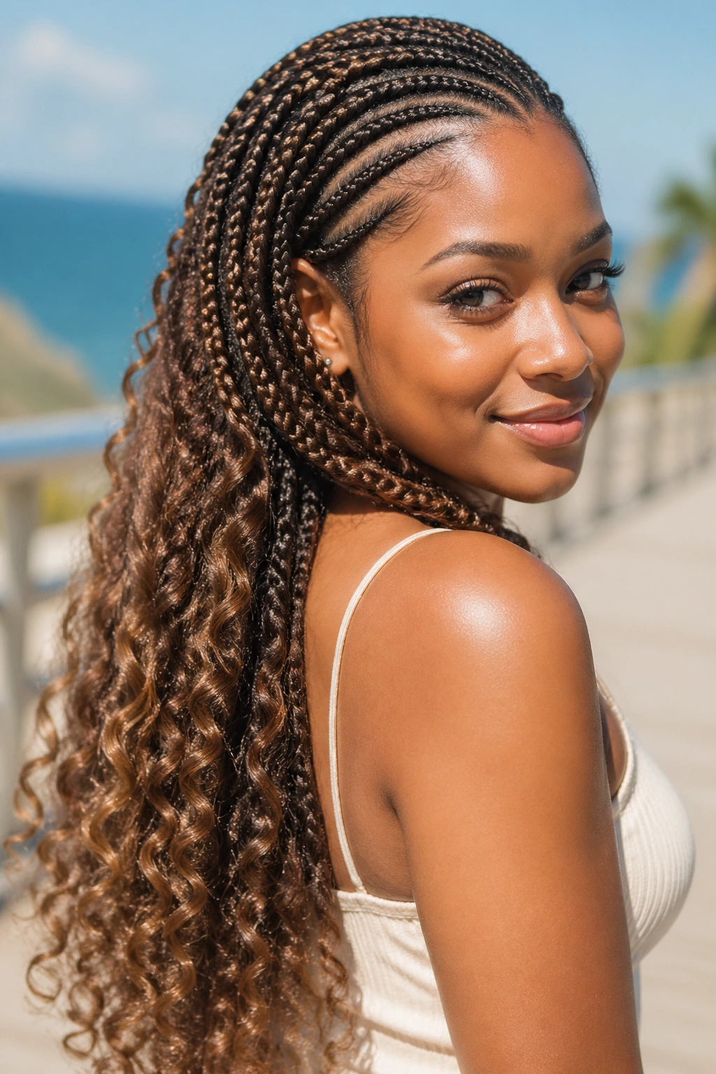 Close-up portrait of a real woman with lemonade braids featuring curly ends along one shoulder