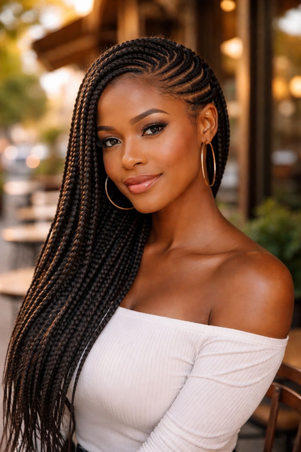 Close-up of a real woman with lemonade braids diagonally across the head.