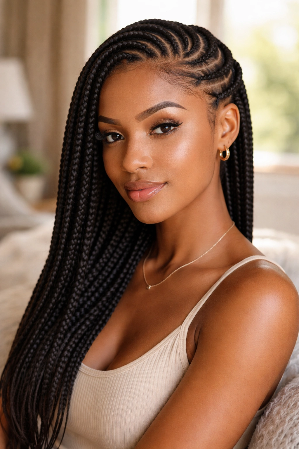 Close-up of lemonade braids curving across the forehead to the shoulder on medium-length hair