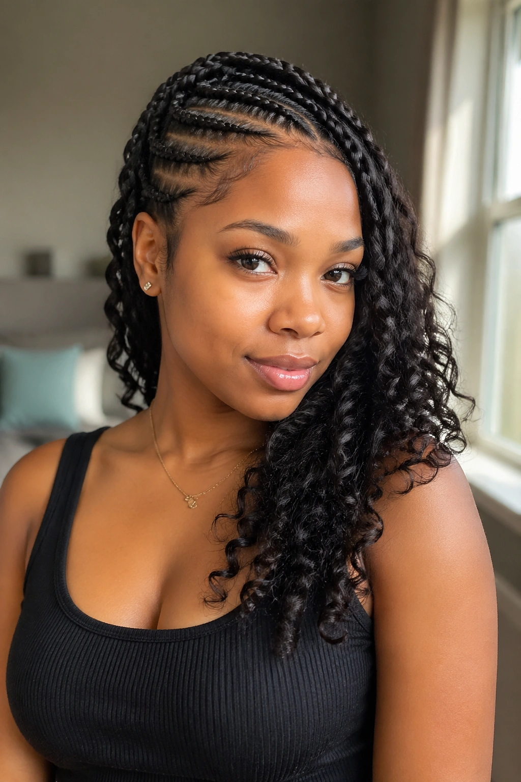 Lemonade braids in the front with curls flowing back toward one shoulder.