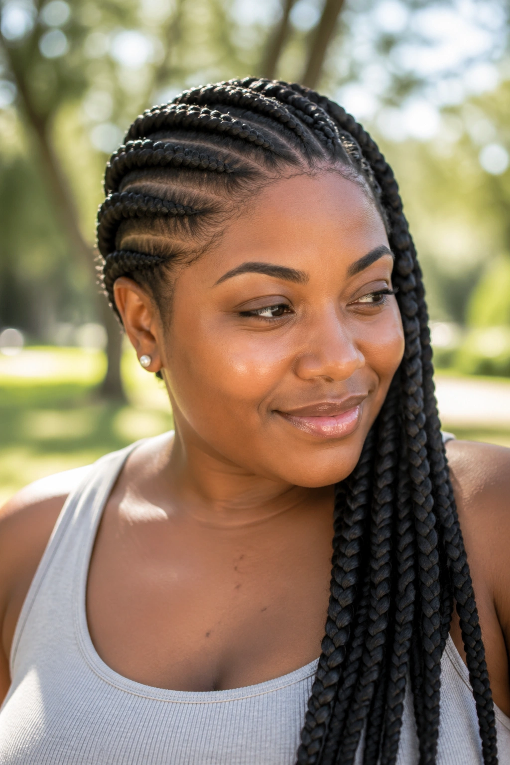Close-up portrait of a real woman with chunky jumbo lemonade braids