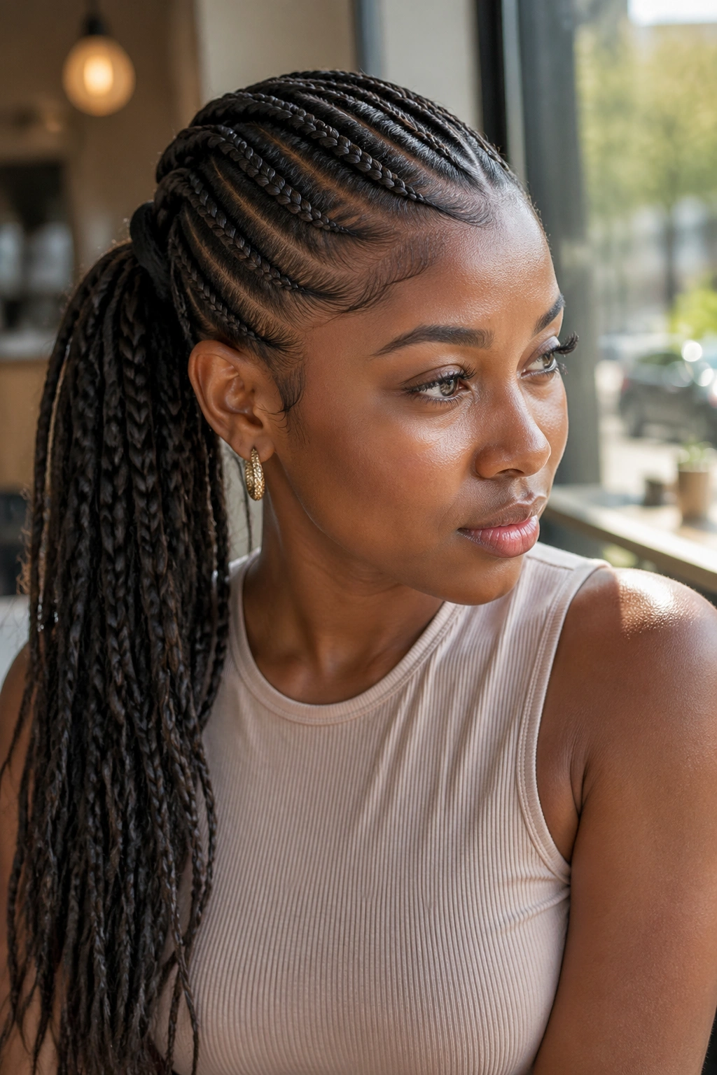 Close-up of a real Black woman with side-swept lemonade braids in a mid ponytail